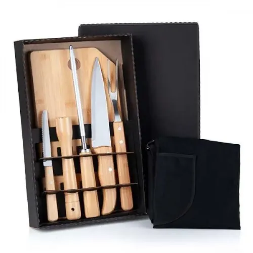 KIT PARA CHURRASCO EM BAMBU / MADEIRA / INOX COM AVENTAL- 8 PÇS-ME-20883