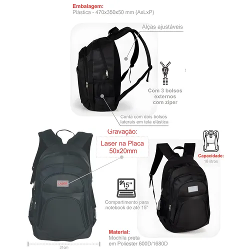 MOCHILA PRETA EM POLYESTER 1680D / 600D-003MRPMA-02301