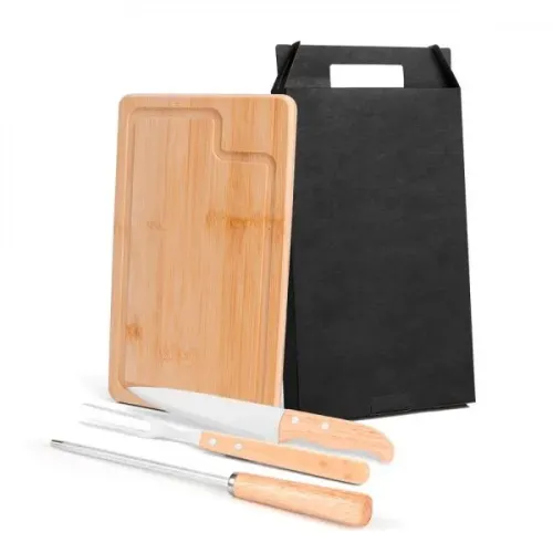 CONJ. PARA CHURRASCO EM BAMBU / INOX / MADEIRA - 4 PÇS-MX-19266