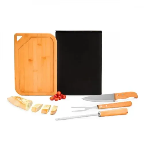CONJ. PARA CHURRASCO EM BAMBU / INOX / MADEIRA - 4 PÇS-MX-70266