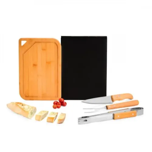 CONJ. PARA CHURRASCO EM BAMBU / INOX / MADEIRA - 4 PÇS-MX-70326