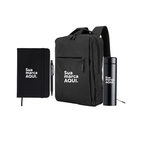 Mochila de Nylon USB 20L + Garrafa Térmica 500ml + Caneta Metal + Caderneta em Percalux-KT-115