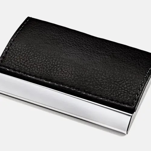 PORTA-CARTÃO EM METAL CROMADO E MATERIAL SINTÉTICO PRETO-PC-00071