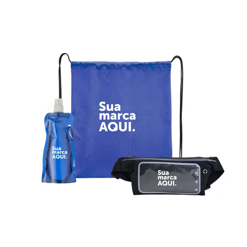 Pochete Esportiva Lycra + Squeeze Dobrável 450ml + Mochila Saco Poliéster-KT-220