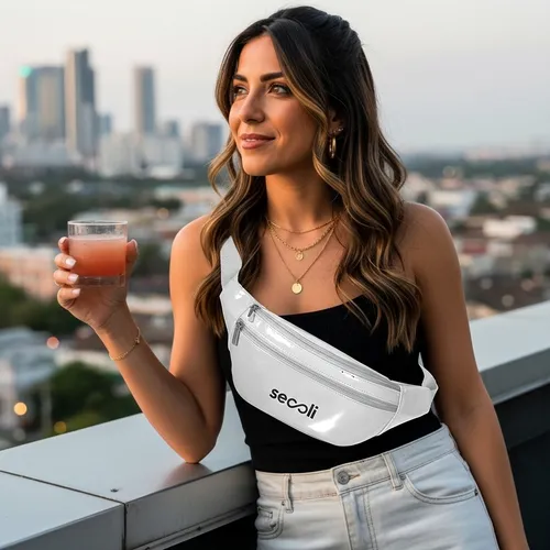 Pochete meia lua com zíper superior duplo e bolso frontal, cinto ajustável com fecho lateral-*POC-10696