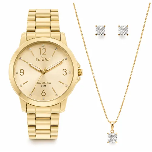 Relógio Condor Personalizado Feminino Dourado 38mm com Kit de Semijoias-CO2035NAU/K4X