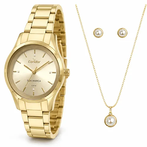 Relógio Condor Personalizado - Feminino Dourado com Kit Semijoia-CO2035NFF/K4D