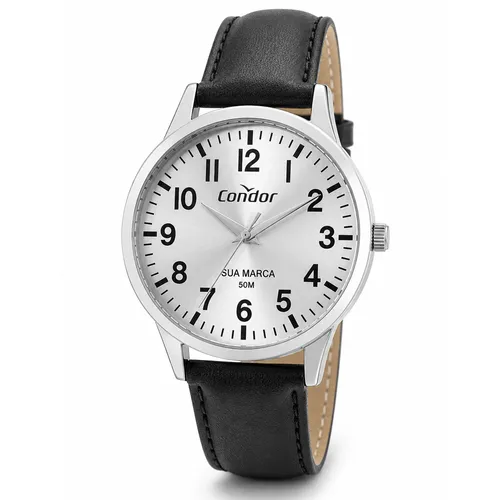 Relógio Condor Personalizado - Unissex Prata 40mm com Pulseira em Couro Preto-CO2035NRJ/3K
