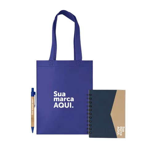 Sacola de TNT + Caneta Ecológica de Bambu + Caderno Ecológico com Autoadesivos-KT-110