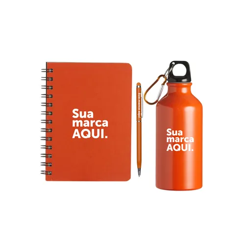 Squeeze Alumínio 420ml + Caderno Kraft + Caneta Metal Touch-KT-135