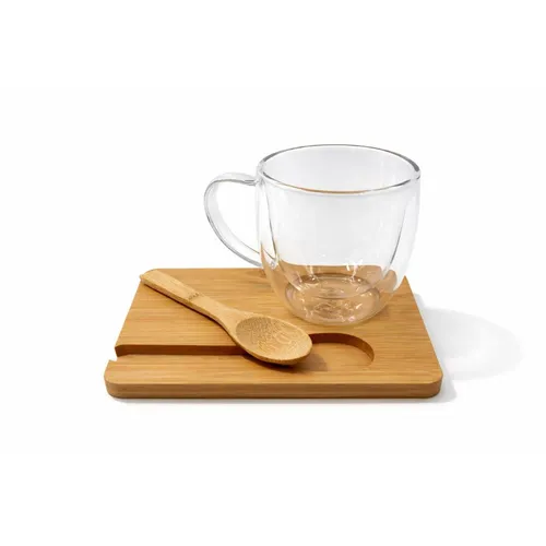 Xícara em vidro Borosilicato parede dupla 250ml com pires e colher em Bambu-BG186