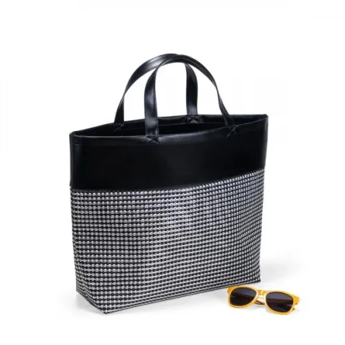 SACOLA DE PRAIA/PIQUENIQUE EM PVC E MATERIAL SINTÉTICO - PRETO / XADREZ PRATA - 48X33X13 CM-CS-04021
