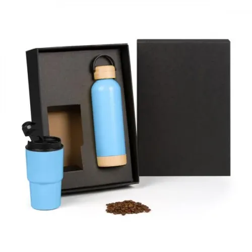 KIT GARRAFA PAREDE DUPLA E COPO TÉRMICO - AZUL - 2 PÇS-KT-90610