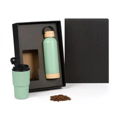 KIT GARRAFA PAREDE DUPLA E COPO TÉRMICO - VERDE - 2 PÇS-KT-90611