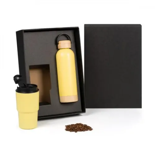 KIT GARRAFA PAREDE DUPLA E COPO TÉRMICO - AMARELO - 2 PÇS-KT-90612