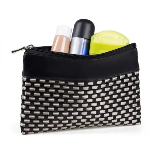 NECESSAIRE EM PVC E MATERIAL SINTÉTICO - PRETO / XADREZ BEGE - 19X14 CM-MA-09421