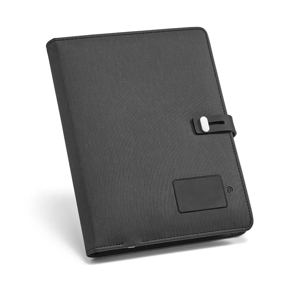 AFONSO. Pasta A5 em c. sintético com bateria portátil embutida (lítio) 4 000 mAh e caderno com 128 páginas pautadas