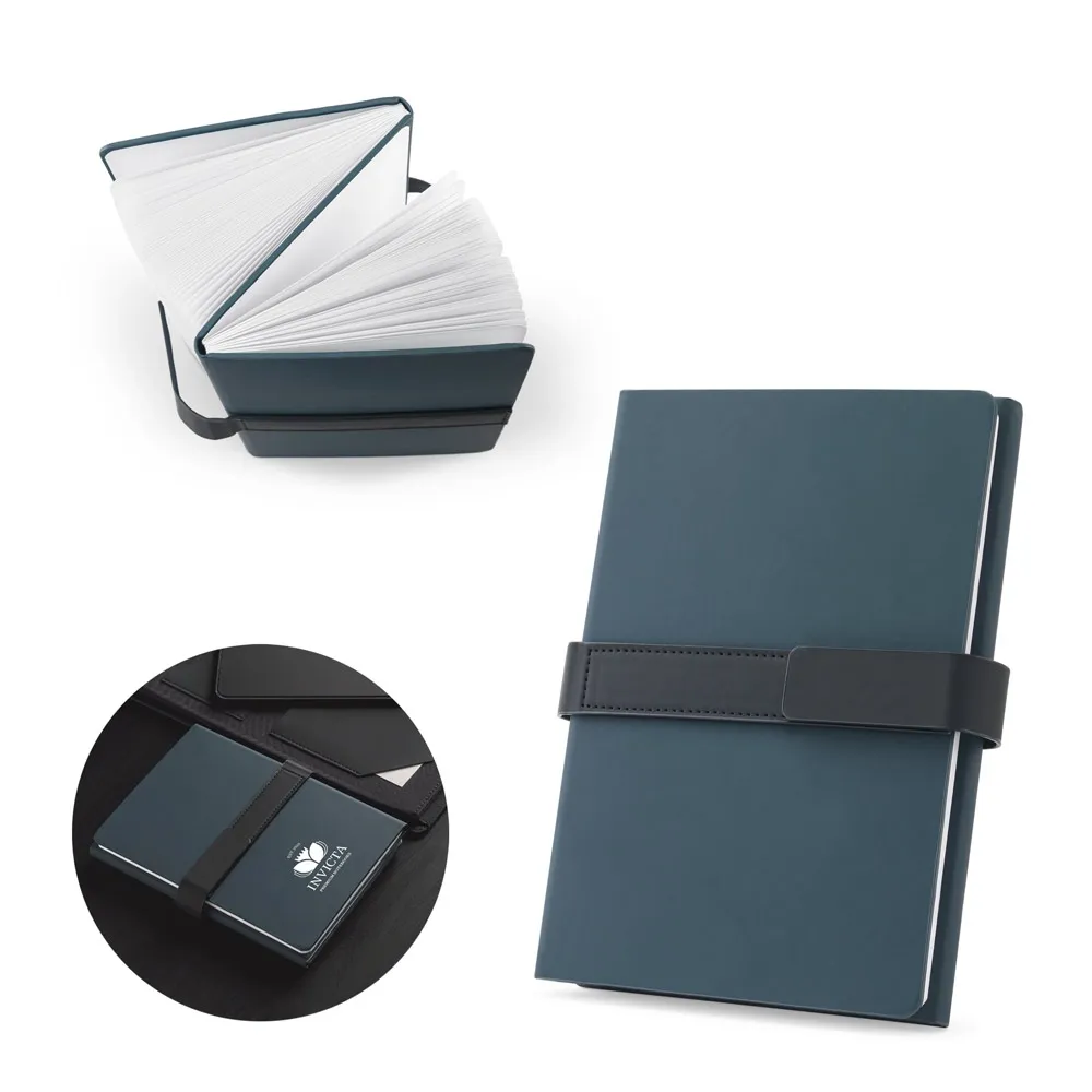 HILST. Caderno A5 com capa dura em PU 50% reciclado estruturado em duas partes: a primeira tem 128 páginas pautadas e a segunda 128 páginas lisas