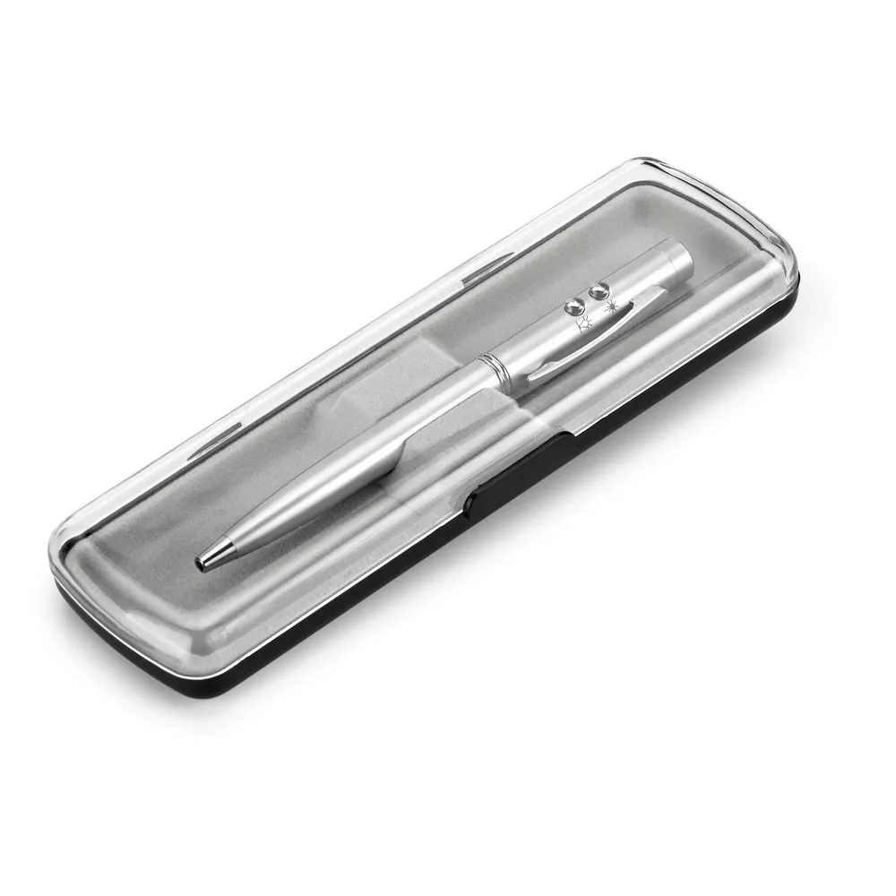 EBRE. Esferográfica em metal com ponteira laser, LED e escrita em azul