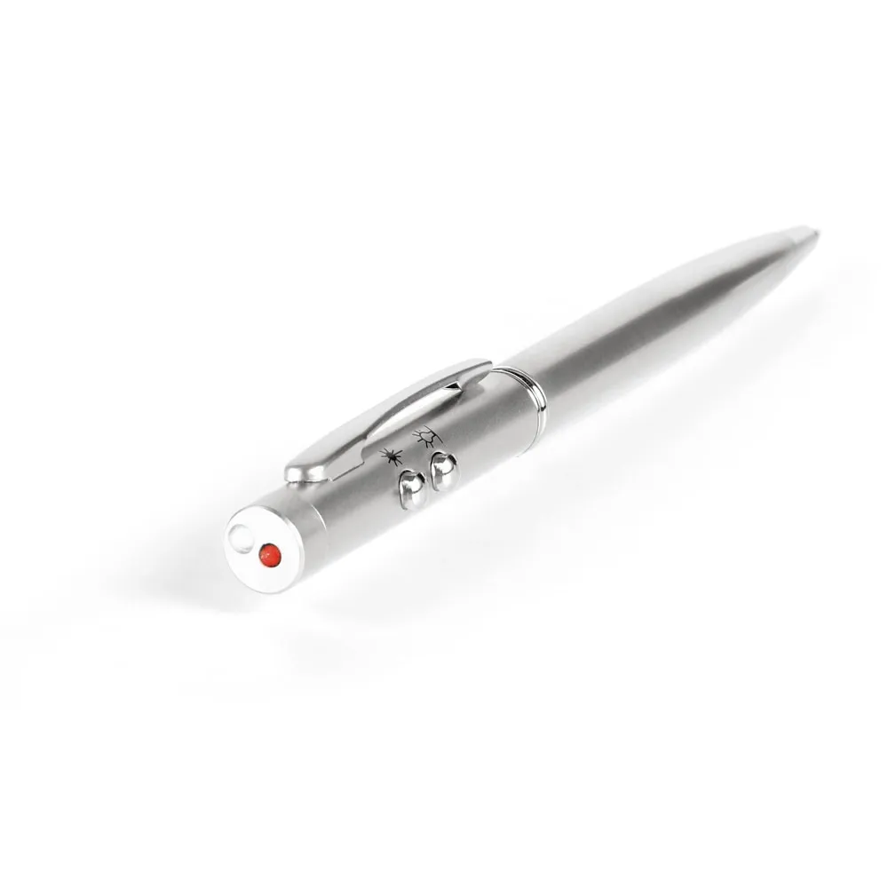 EBRE. Esferográfica em metal com ponteira laser, LED e escrita em azul