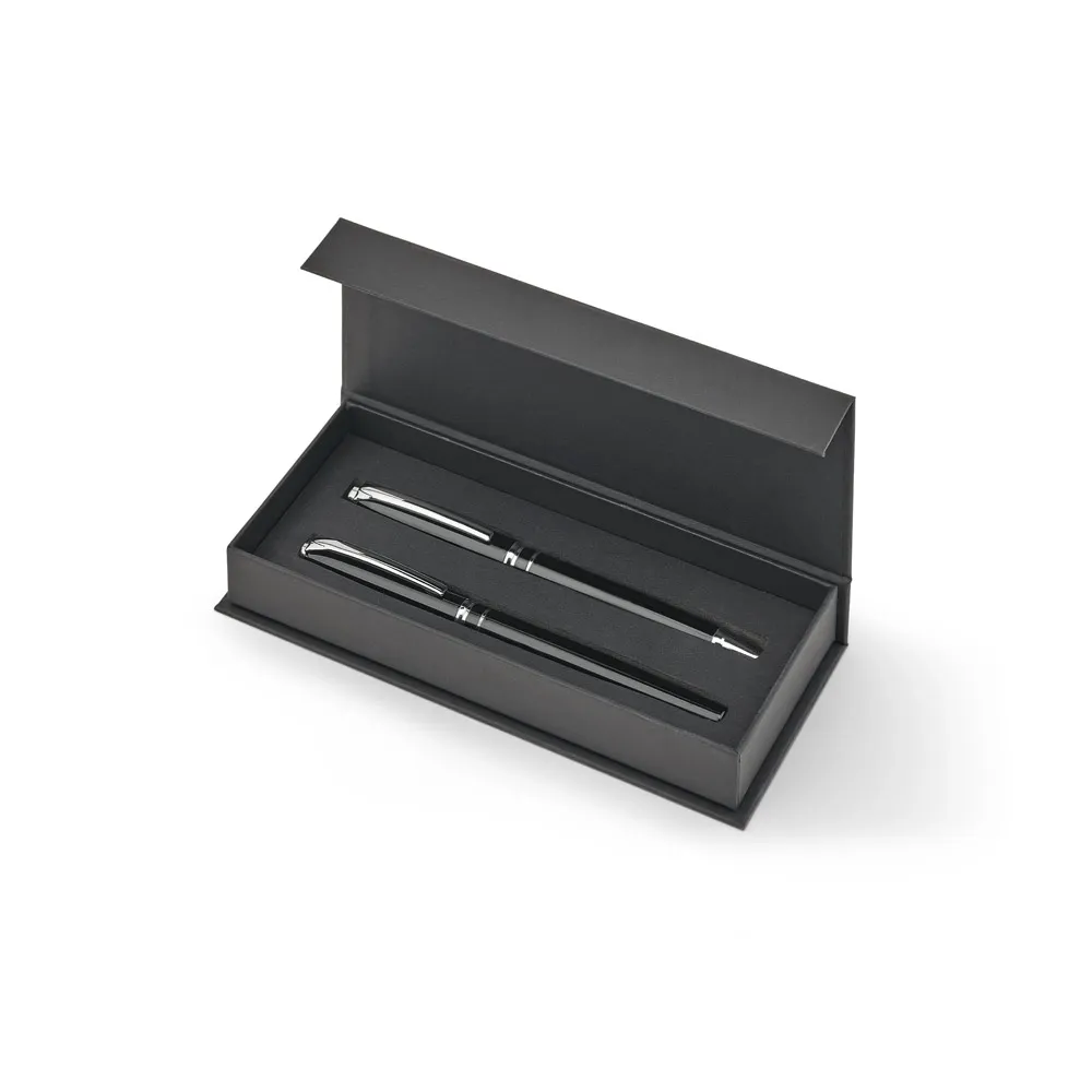 SARAMAGO. Set premium de 1 caneta esferográfica e 1 caneta roller em cobre e aço inox, com escrita em azul