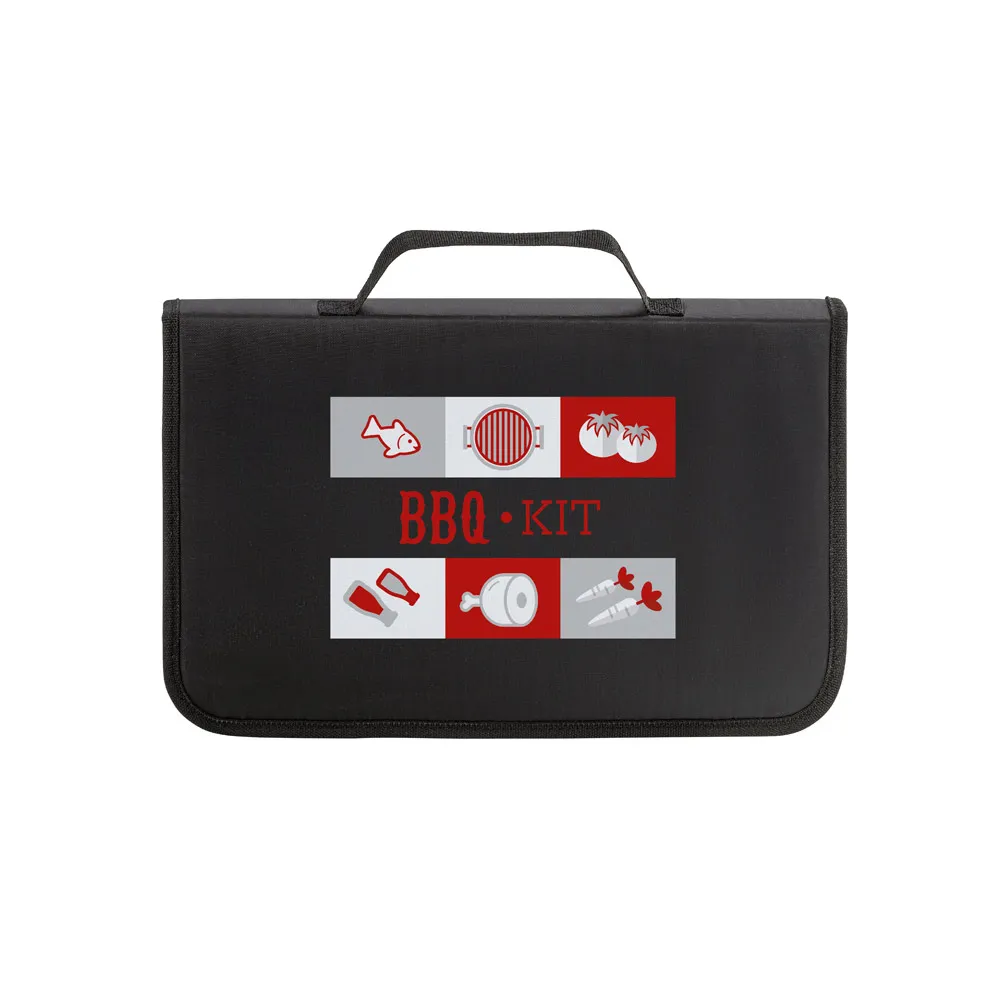 GARLIC KING. Kit churrasco em estojo de 210D e tábua em bambu com 5 utensílios em aço inox e madeira de Seringueira