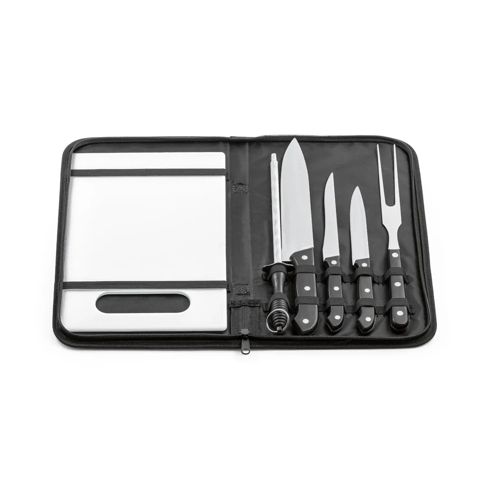 BOTALY. Kit churrasco em estojo de nylon 210D com tábua em PP e 5 utensílios em aço inox e PP
