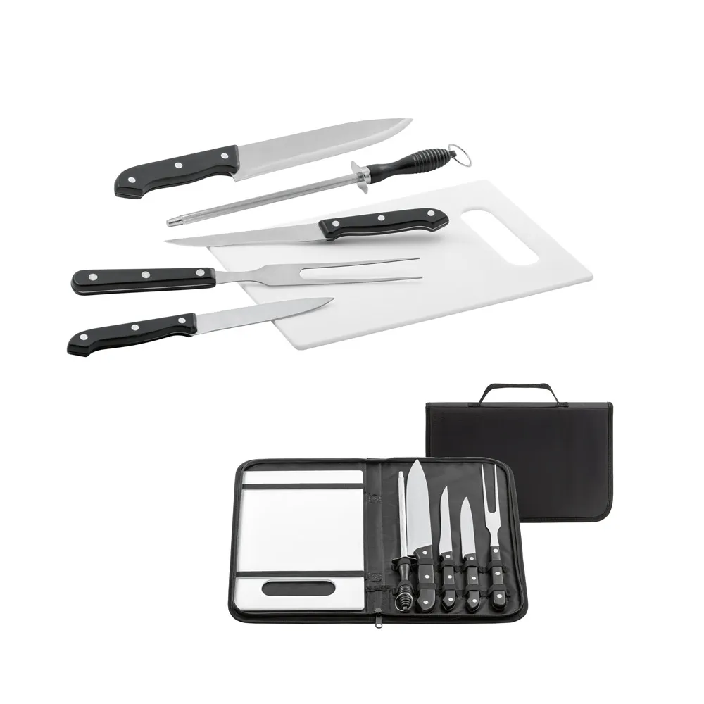 BOTALY. Kit churrasco em estojo de nylon 210D com tábua em PP e 5 utensílios em aço inox e PP-94144