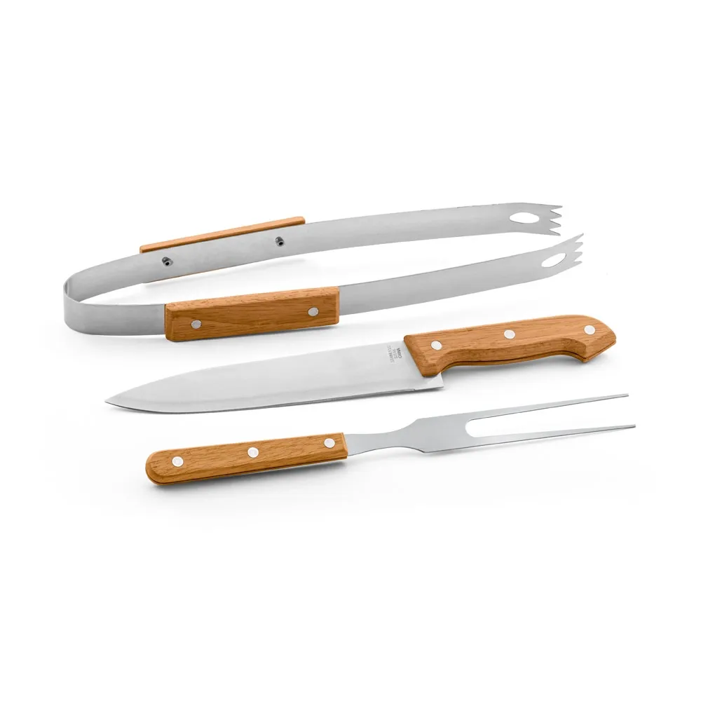 GARLIC. Kit churrasco em estojo de 210D com 3 utensílios em aço inox e madeira de seringueira