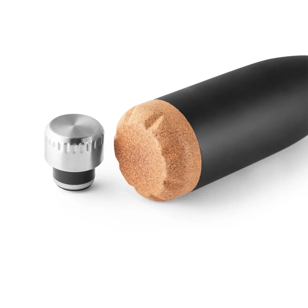 SOLBERG. Garrafa em aço inox de parede dupla térmica, isolada a vácuo, com tampa em aço inox e base em cortiça 560 mL