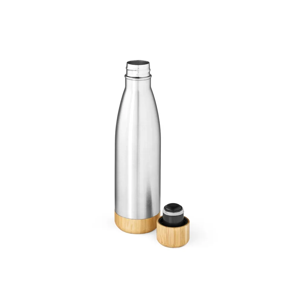 BROMELL 550. Garrafa em aço inox 90% reciclado de parede dupla térmica, isolada a vácuo com tampa em bambu 550 mL