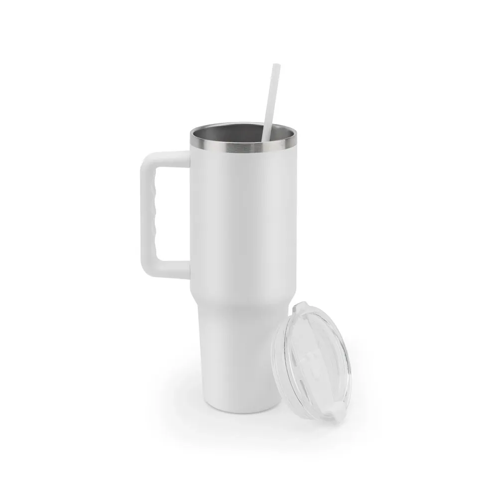 JOYNER XL. Copo de viagem de grande dimensão em aço inoxidável 91% reciclado com parede dupla isolada a vácuo e acabamento em mate 1300 mL