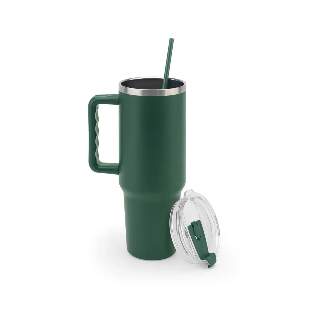 JOYNER XL. Copo de viagem de grande dimensão em aço inoxidável 91% reciclado com parede dupla isolada a vácuo e acabamento em mate 1300 mL