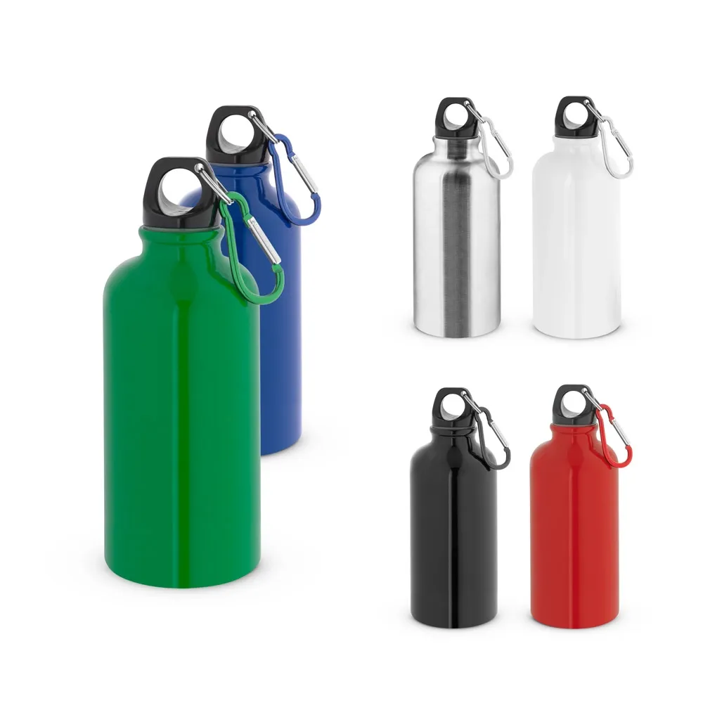 KARSTEN M. Squeeze esportiva em aço inox, de parede simples e acabamento brilhante com mosquetão 560 mL