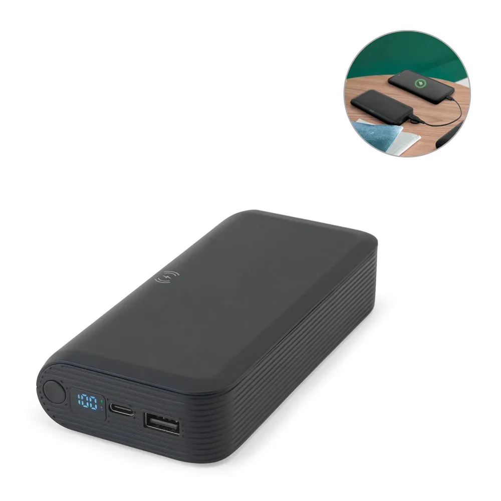 BECKER 20. Bateria portátil em ABS 100% reciclado com carregador wireless super rápido 15W e capacidade de 20 000 mAh