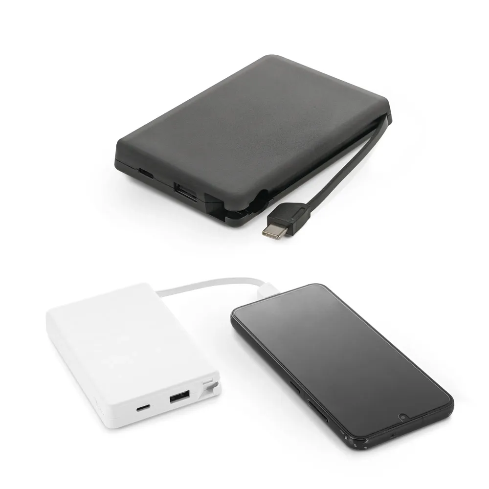 LATTES. Bateria portátil em ABS 100% reciclado, com cabo integrado e capacidade de 10 00 mAh