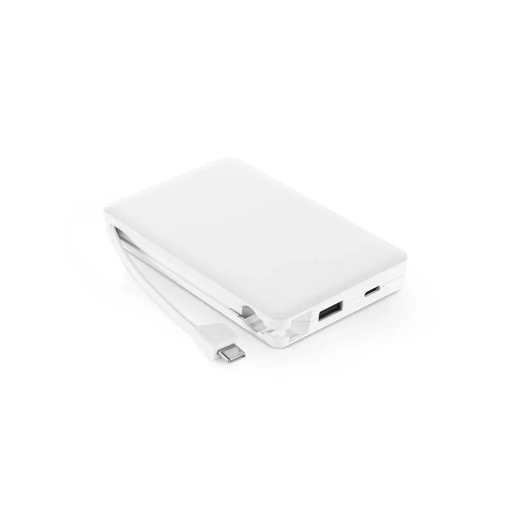 LATTES. Bateria portátil em ABS 100% reciclado, com cabo integrado e capacidade de 10 000 mAh