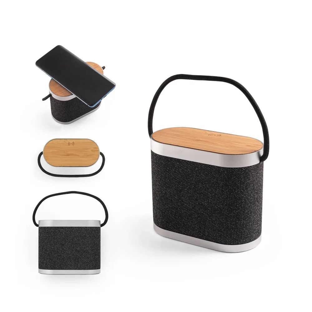 GUETTA. Caixa de som de 15W com carregador wireless super-rápido 15W e 2h de autonomia em bambu e PET 100% reciclado