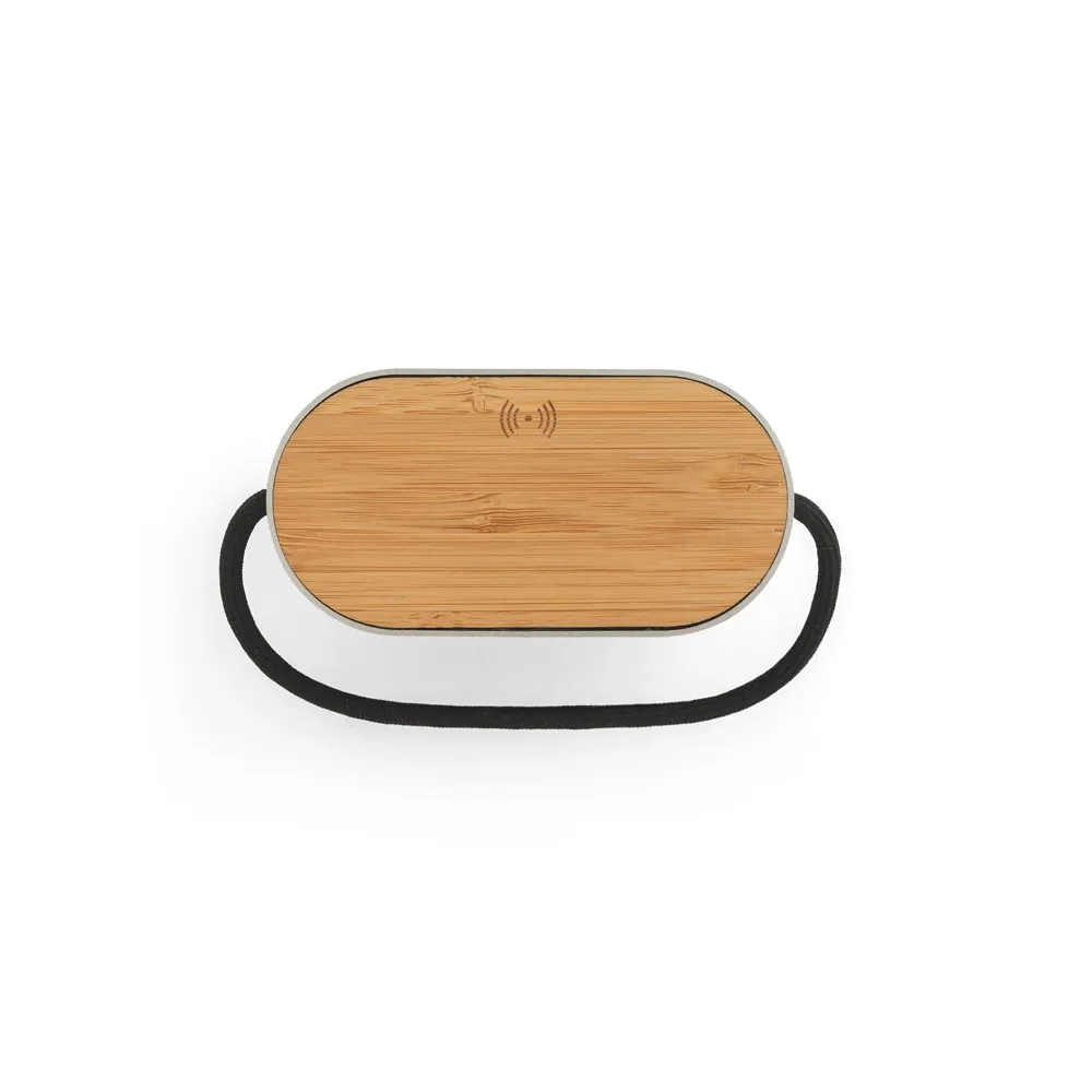 GUETTA. Caixa de som de 15W com carregador wireless super-rápido 15W e 2h de autonomia em bambu e PET 100% reciclado