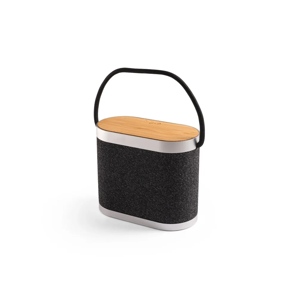 GUETTA. Caixa de som de 15W com carregador wireless super-rápido 15W e 2h de autonomia em bambu e PET 100% reciclado