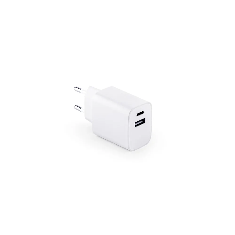 WEGENER. Adaptador de corrente com porta USB-A 18W e USB-C 20W em ABS 100% reciclado