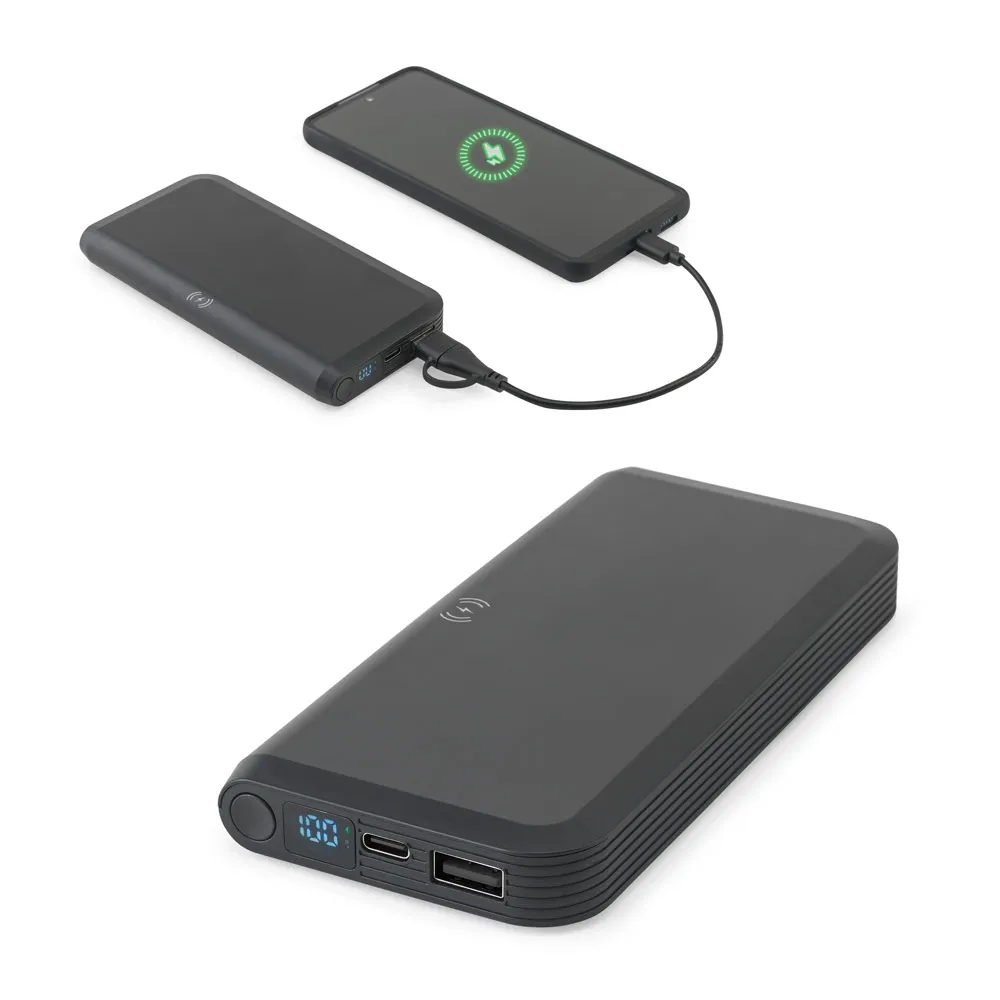 BECKER 10. Bateria portátil em ABS 100% reciclado com carregador wireless super rápido 15W e capacidade de 10 000 mAh