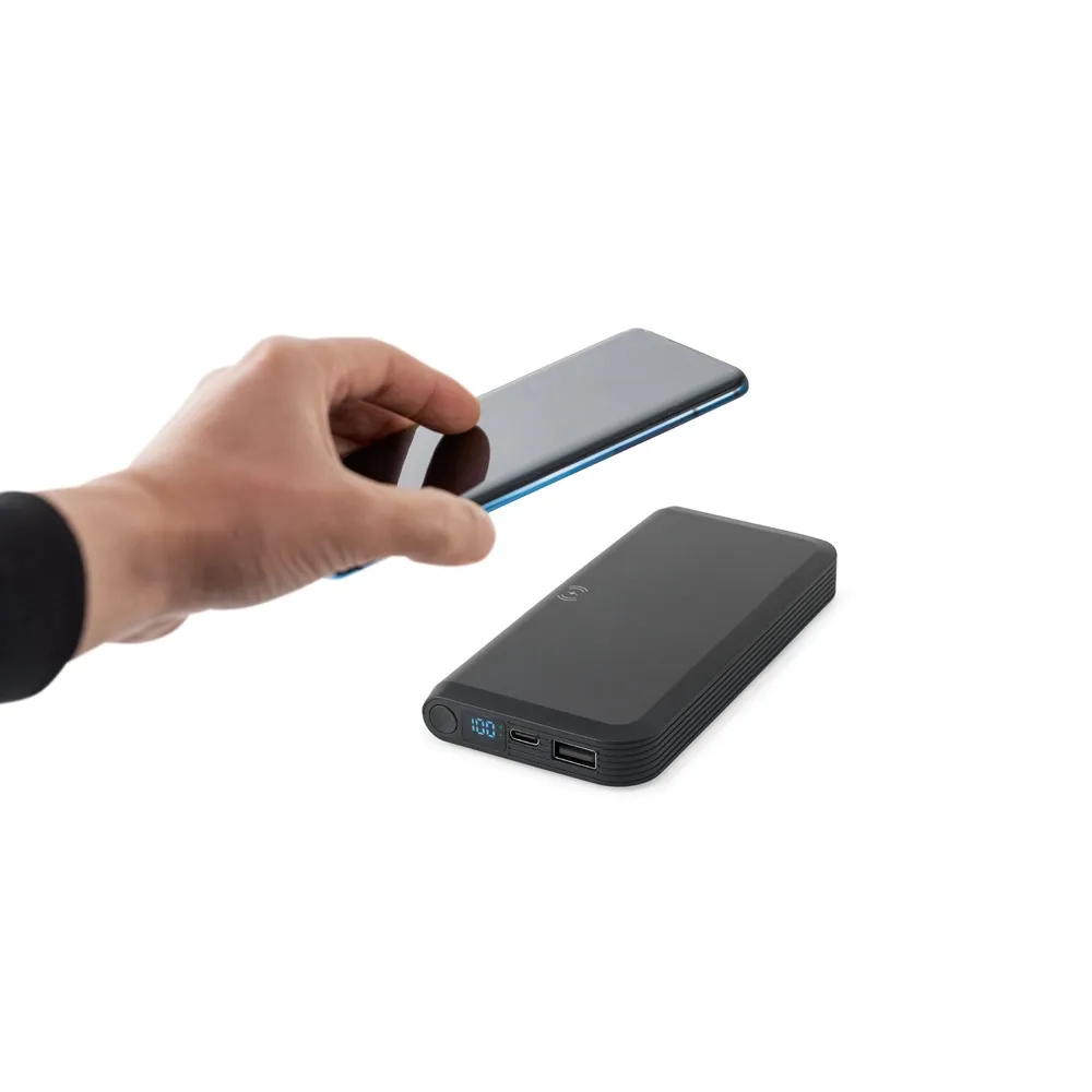 BECKER 10. Bateria portátil em ABS 100% reciclado com carregador por indução (wireless) super-rápido 15W e capacidade de 10 000 mAh