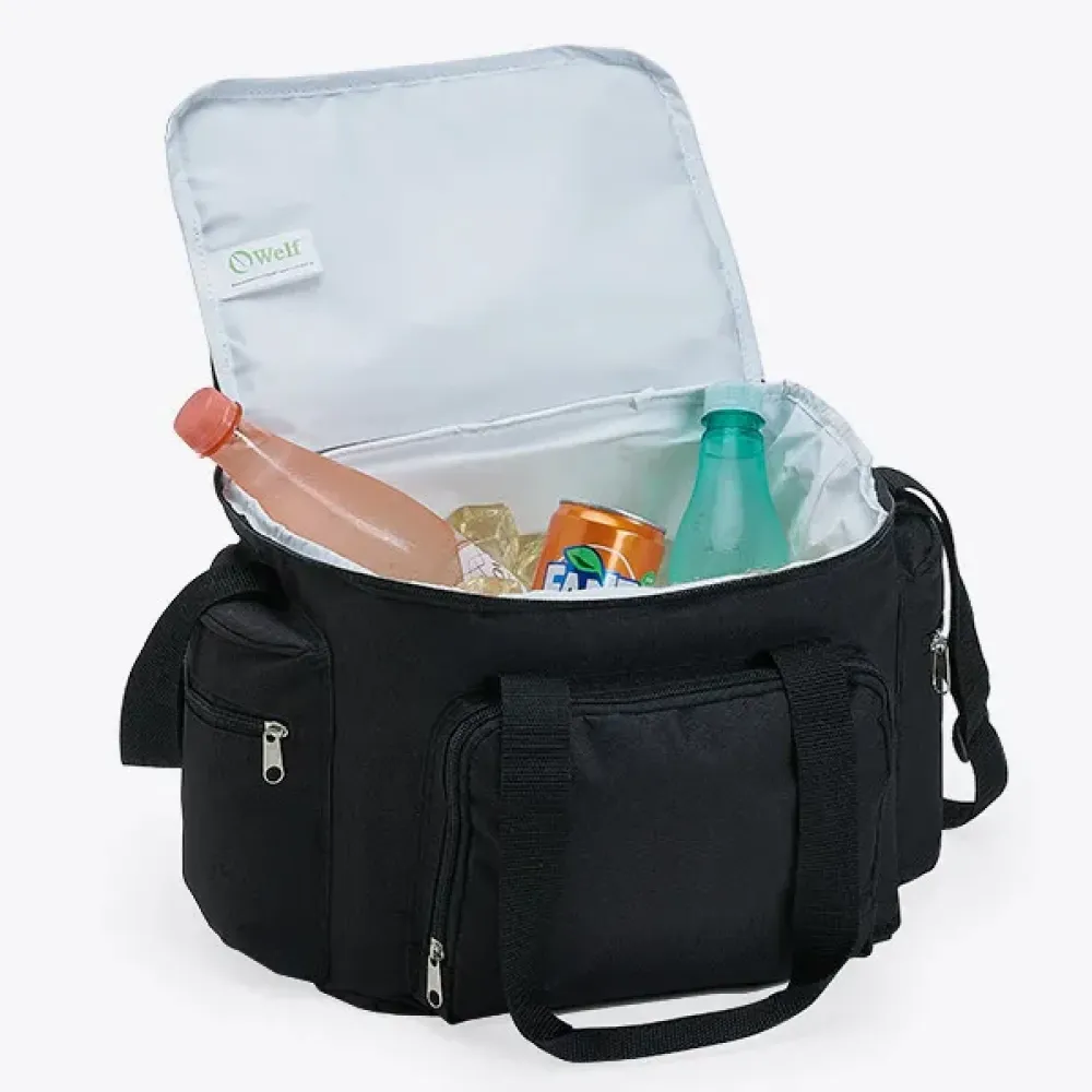 BOLSA TÉRMICA PRETA EM POLYESTER 600D, 300D E PEVA - 15L