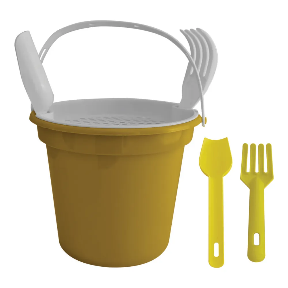 Balde de Praia com peneira, pá e rastelo