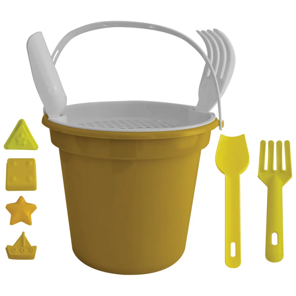 Balde de Praia com peneira, pá e rastelo e 1 forma