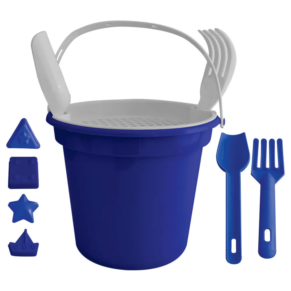 Balde de Praia com peneira, pá e rastelo e 1 forma