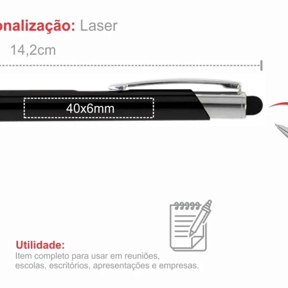 CANETA ESFERORÁFICA EM ALUMÍNIO COM PONTA TOUCH PRETA