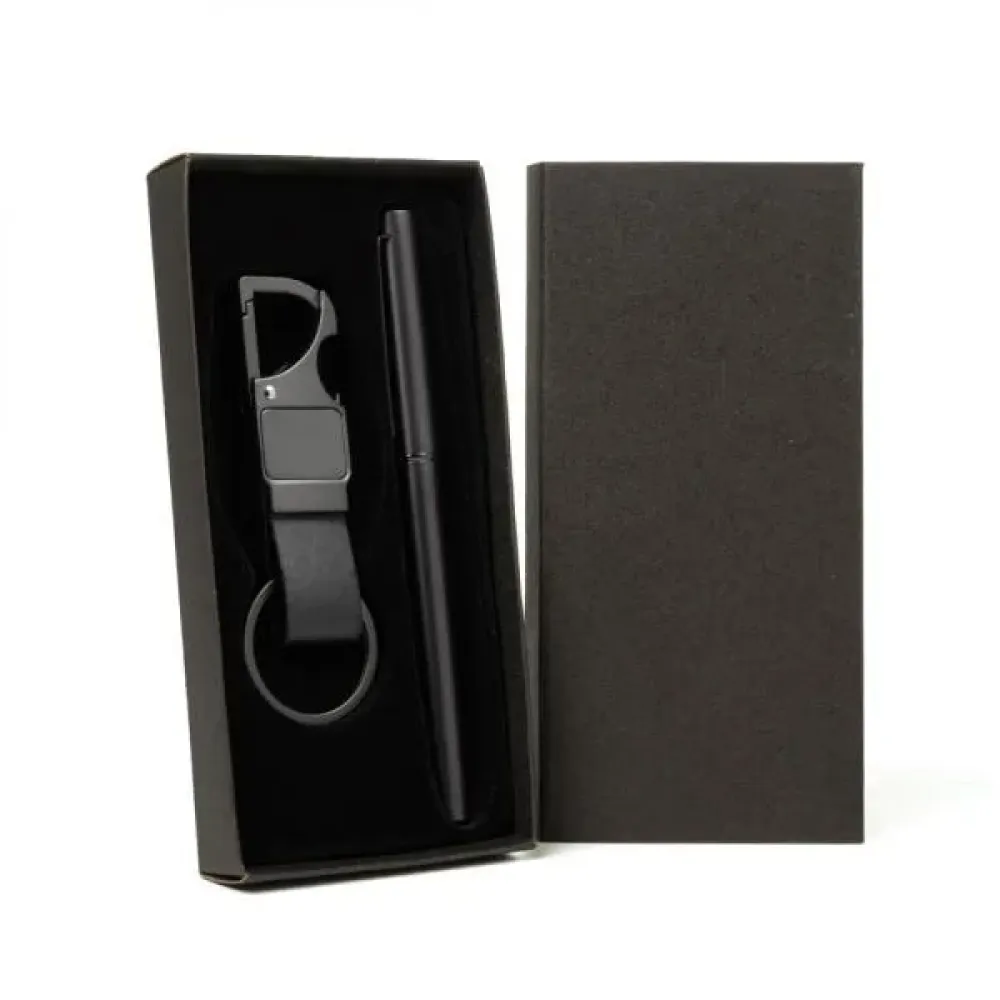 CANETA ROLLER E CHAVEIRO CINZA EM METAL E PU PRETO-CC-70738