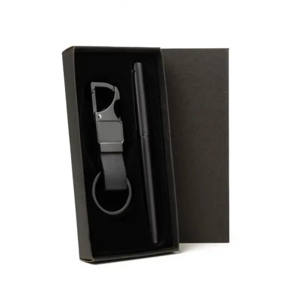 CANETA ROLLER E CHAVEIRO CINZA EM METAL E PU PRETO